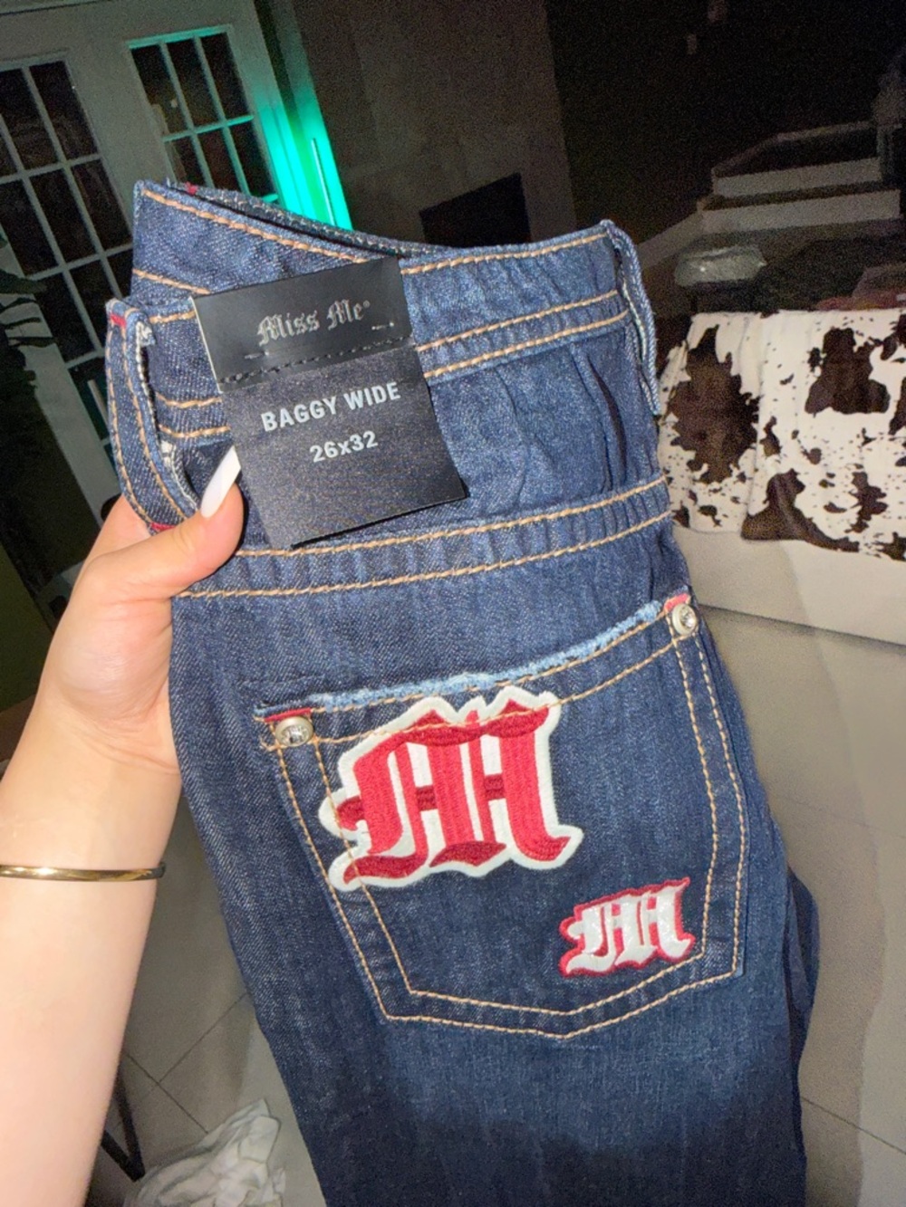 Miss Me Dark Blue Denim Baggy Wide Jeans with Red Embroidered 'M' Patch